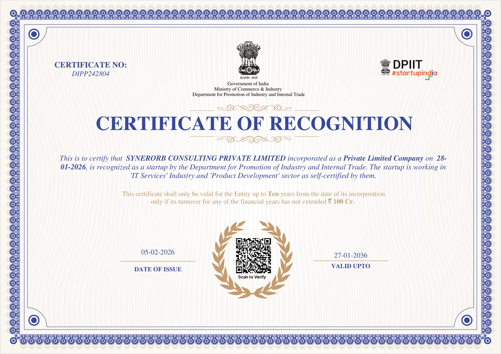 DPIIT Certificate of Recognition for SynerOrb Consulting Private Limited, certificate no. DIPP242804, issued 05-02-2026, valid up to 27-01-2036