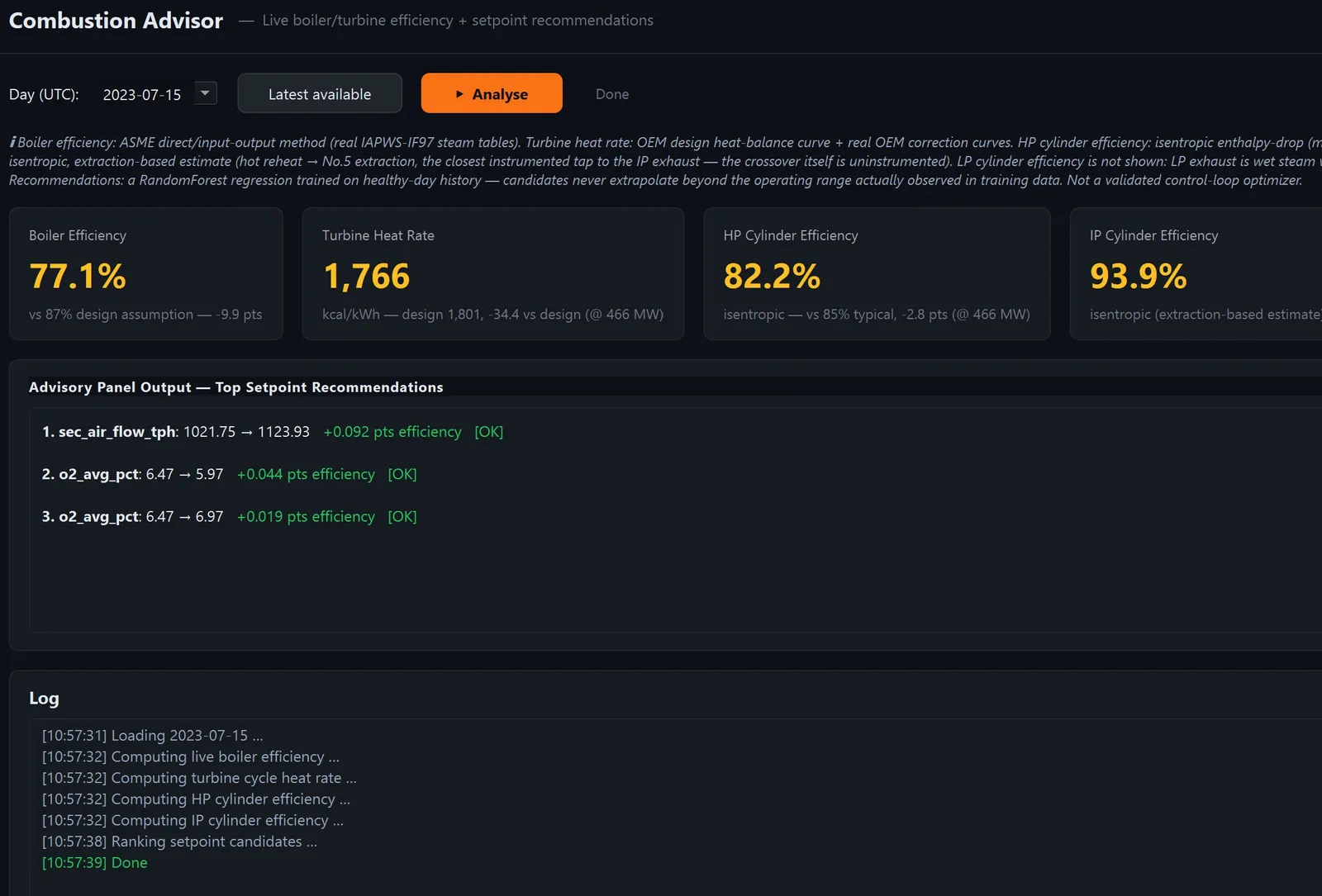 PlantAI Combustion Advisor screen